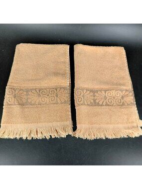 Vint Cannon Monticello Beige Hand Towel Set 16x28 Floral Fringe Bathroom 2pc